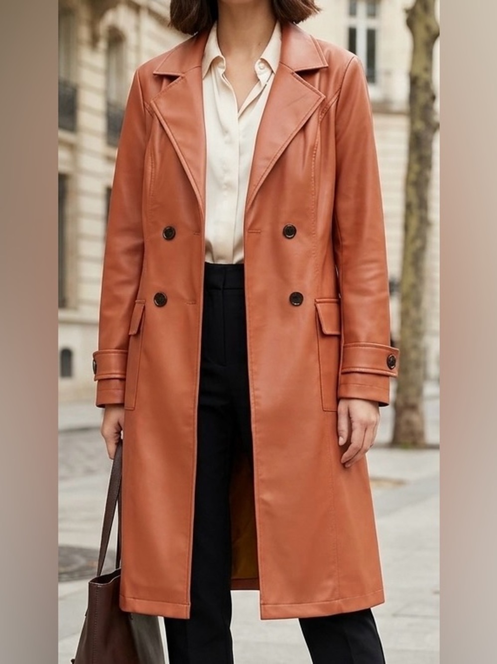 Haute Monde Faux Leather Trench Coat in Chestnut